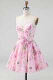 Vestido de regresso a casa floral cor-de-rosa, lantejoulas sem alças, com renda nas costas