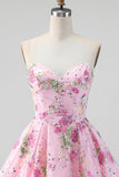 Vestido de regresso a casa floral cor-de-rosa, lantejoulas sem alças, com renda nas costas