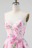 Vestido de regresso a casa floral cor-de-rosa, lantejoulas sem alças, com renda nas costas