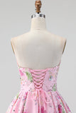 Vestido de regresso a casa floral cor-de-rosa, lantejoulas sem alças, com renda nas costas