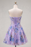 Vestido de regresso a casa floral cor-de-rosa, lantejoulas sem alças, com renda nas costas