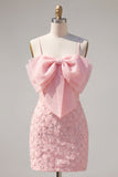 Vestido de regresso ao laço floral com alças finas cor-de-rosa bodycon alças finas