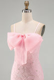 Vestido de regresso ao laço floral com alças finas cor-de-rosa bodycon alças finas