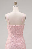 Vestido de regresso ao laço floral com alças finas cor-de-rosa bodycon alças finas