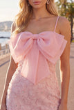 Vestido de regresso ao laço floral com alças finas cor-de-rosa bodycon alças finas