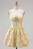 Vestido de Regresso a Casa Amarelo de Alças Escassas em Linha A
