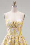Vestido de Regresso a Casa Amarelo de Alças Escassas em Linha A