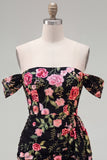 Vestido preto bodycon com flores de homecoming com faixa