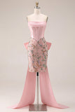Vestido de Finalista Rosa Bodycon Floral Strapless Strapless com Laço