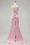 Vestido de Finalista Rosa Bodycon Floral Strapless Strapless com Laço