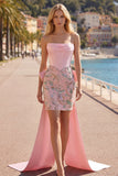 Vestido de Finalista Rosa Bodycon Floral Strapless Strapless com Laço