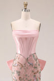 Vestido de Finalista Rosa Bodycon Floral Strapless Strapless com Laço