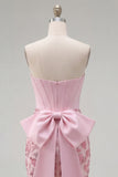 Vestido de Finalista Rosa Bodycon Floral Strapless Strapless com Laço