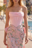 Vestido de Finalista Rosa Bodycon Floral Strapless Strapless com Laço