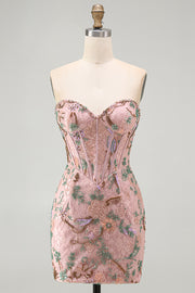 Vestido de Homecoming com Espartilho Floral Bodycon Bodycon Rosa Sweetheart com Missangas