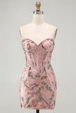 Vestido de Homecoming com Espartilho Floral Bodycon Bodycon Rosa Sweetheart com Missangas