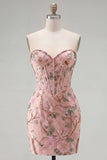 Vestido de Homecoming com Espartilho Floral Bodycon Bodycon Rosa Sweetheart com Missangas