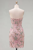 Vestido de Homecoming com Espartilho Floral Bodycon Bodycon Rosa Sweetheart com Missangas