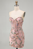 Vestido de Homecoming com Espartilho Floral Bodycon Bodycon Rosa Sweetheart com Missangas