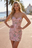 Vestido de Homecoming com Espartilho Floral Bodycon Bodycon Rosa Sweetheart com Missangas