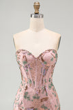 Vestido de Homecoming com Espartilho Floral Bodycon Bodycon Rosa Sweetheart com Missangas