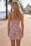 Vestido de Homecoming com Espartilho Floral Bodycon Bodycon Rosa Sweetheart com Missangas