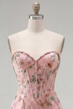 Vestido de Homecoming com Espartilho Floral Bodycon Bodycon Rosa Sweetheart com Missangas