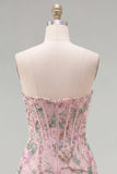 Vestido de Homecoming com Espartilho Floral Bodycon Bodycon Rosa Sweetheart com Missangas