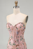 Vestido de Homecoming com Espartilho Floral Bodycon Bodycon Rosa Sweetheart com Missangas