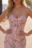 Vestido de Homecoming com Espartilho Floral Bodycon Bodycon Rosa Sweetheart com Missangas