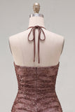 Vestido de Finalistas Chocolate Bodycon Bodycon com decote alçado e franzido para casa, com bordas