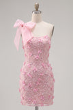 Vestido de Homecoming Bodycon Rosa 3D Floral 3D com Laço Um Ombro