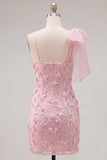 Vestido de Homecoming Bodycon Rosa 3D Floral 3D com Laço Um Ombro