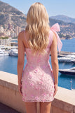 Vestido de Homecoming Bodycon Rosa 3D Floral 3D com Laço Um Ombro
