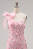 Vestido de Homecoming Bodycon Rosa 3D Floral 3D com Laço Um Ombro