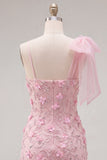 Vestido de Homecoming Bodycon Rosa 3D Floral 3D com Laço Um Ombro