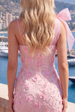 Vestido de Homecoming Bodycon Rosa 3D Floral 3D com Laço Um Ombro