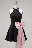 Vestido curto de regresso a casa, preto cor-de-rosa com decote em linha A, com laço grande