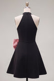 Vestido curto de regresso a casa, preto cor-de-rosa com decote em linha A, com laço grande