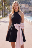 Vestido curto de regresso a casa, preto cor-de-rosa com decote em linha A, com laço grande