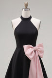 Vestido curto de regresso a casa, preto cor-de-rosa com decote em linha A, com laço grande