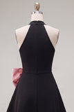 Vestido curto de regresso a casa, preto cor-de-rosa com decote em linha A, com laço grande