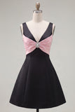Vestido Curto de Regresso a Casa Preto Cor-Rosa Linha em V, com Strass