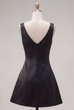 Vestido Curto de Regresso a Casa Preto Cor-Rosa Linha em V, com Strass