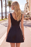 Vestido Curto de Regresso a Casa Preto Cor-Rosa Linha em V, com Strass