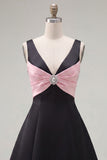 Vestido Curto de Regresso a Casa Preto Cor-Rosa Linha em V, com Strass
