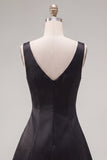 Vestido Curto de Regresso a Casa Preto Cor-Rosa Linha em V, com Strass