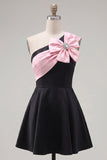 Vestido de Finalistas Preto, Linha em A, Um Ombro, com Flor 3D