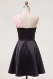 Vestido de Finalistas Preto, Linha em A, Um Ombro, com Flor 3D