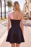 Vestido de Finalistas Preto, Linha em A, Um Ombro, com Flor 3D